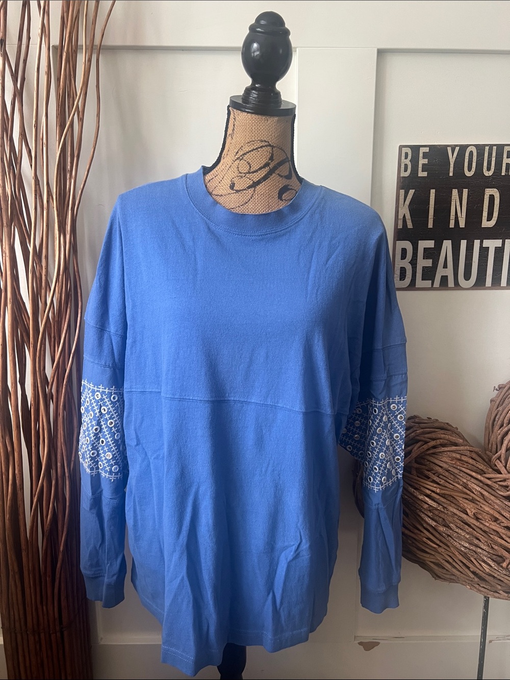 BDG Oversized Blue Long Sleeve Crewneck Top with White Embroidered Sleeve Panels